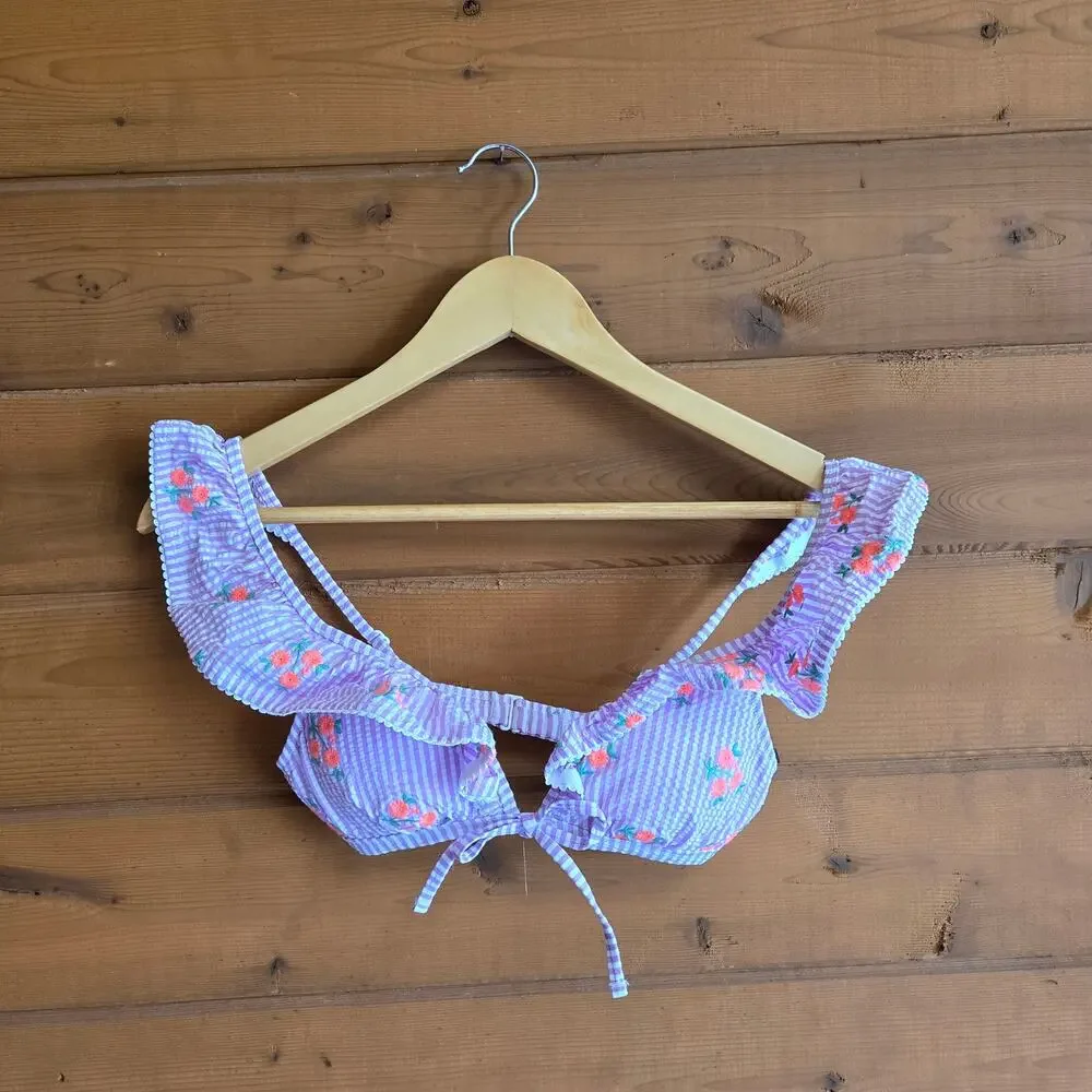 J. Crew Floral Pinstripe Bikini Top XXS Ruffled Embroidered Seersucker Purple